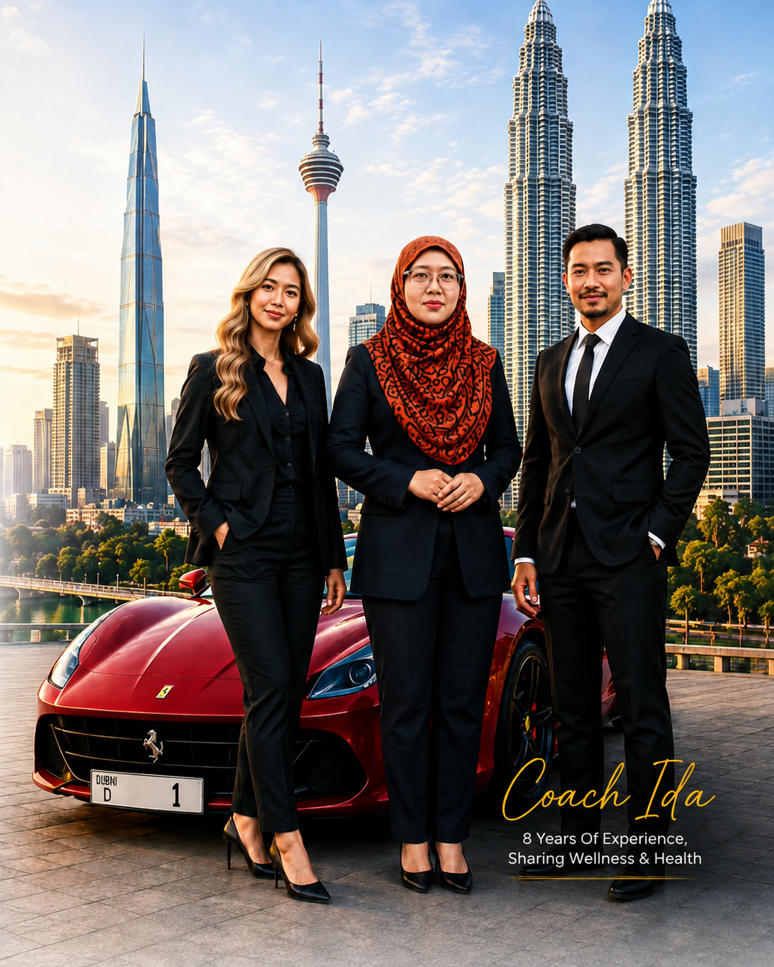 Coach Ida with two business partners in front of a red sports car and the Kuala Lumpur skyline