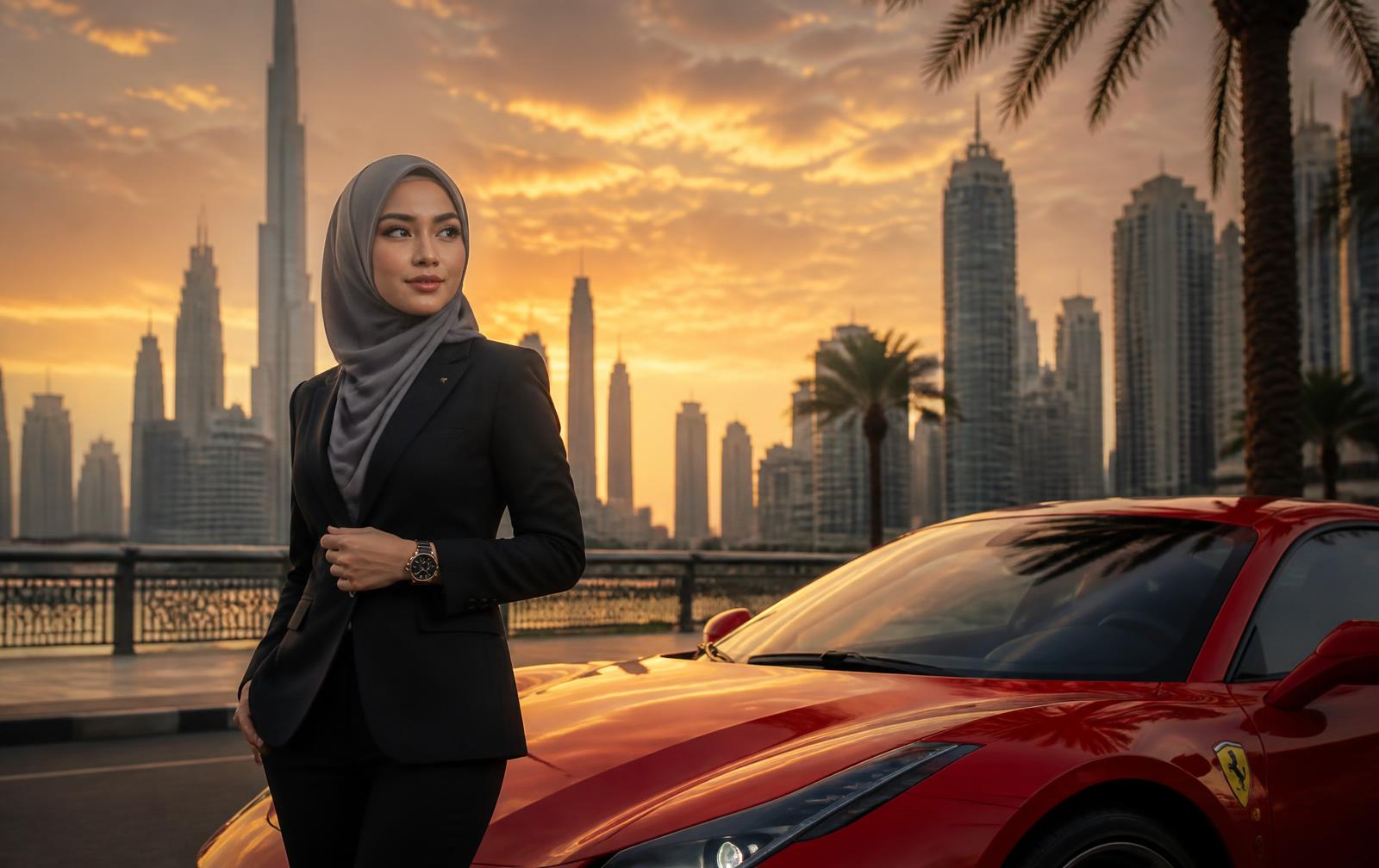 Coach Ida beside a red sports car with the Dubai skyline at sunset